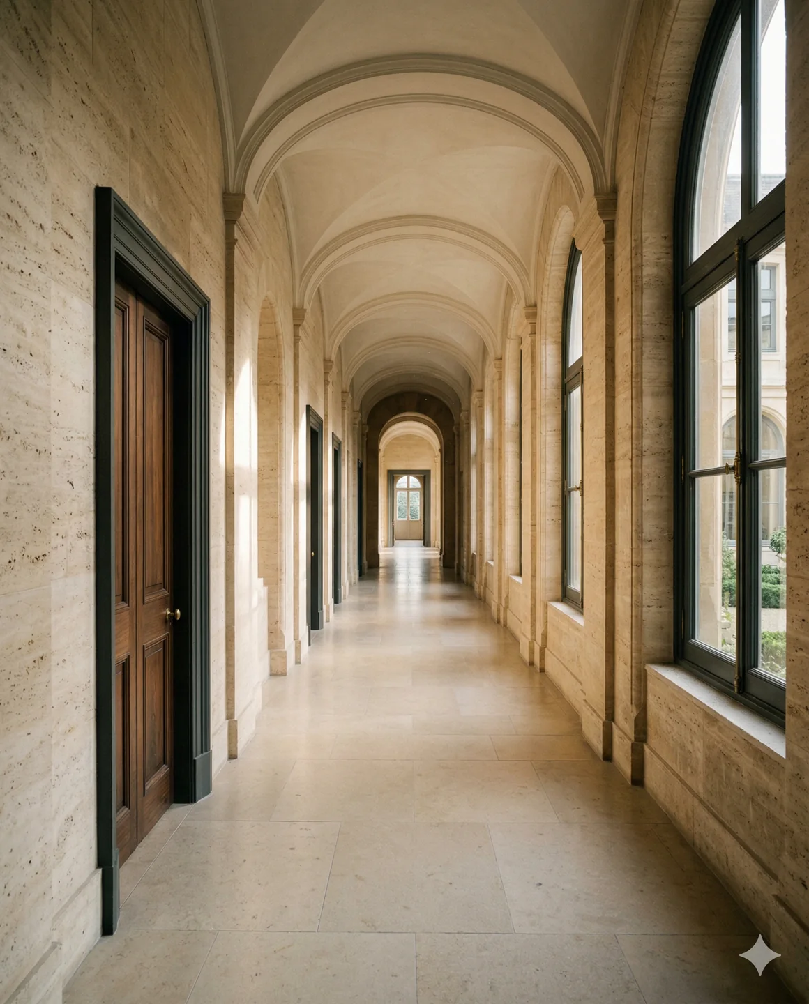 Sunlit corridor with warm stone surfaces.
